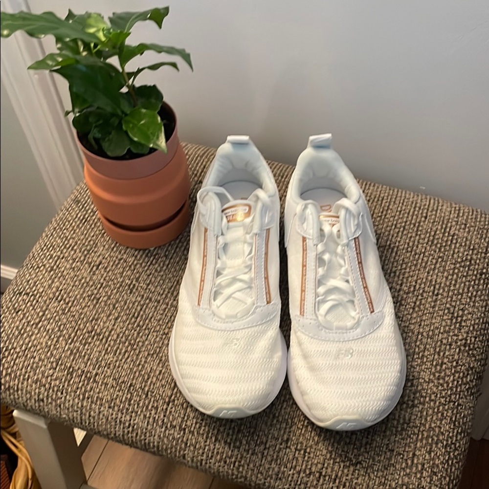 New Balance White and Gold Athletic Shoes Minimalist Design